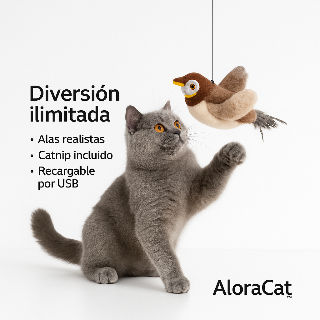 AloraFly™ – El pájaro interactivo que despierta el instinto cazador de tu gato